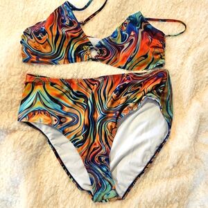 SHEIN Orange and Blue Retro Swirl Bikini